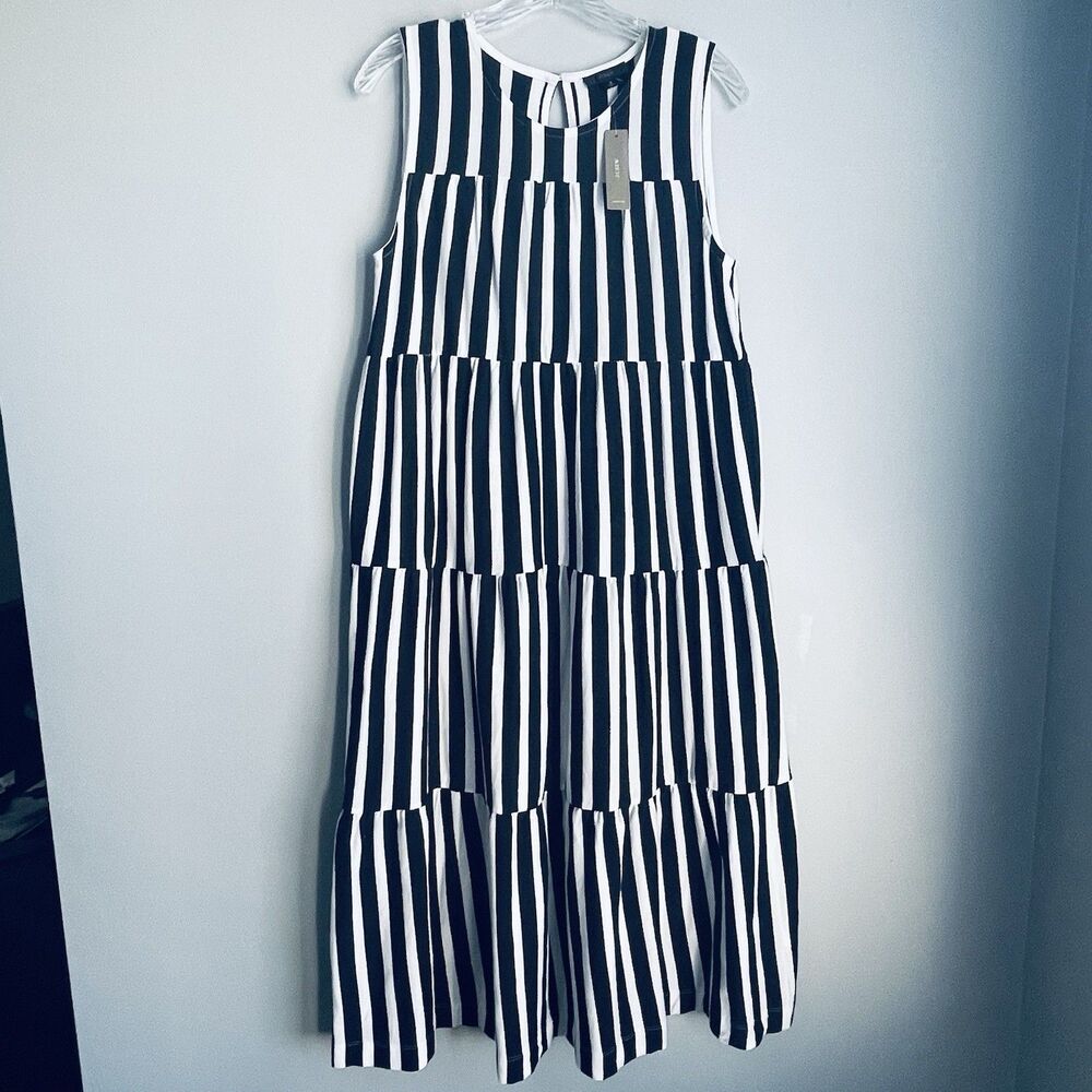 NEW J Crew Sleeveless Tiered Tank Dress Striped S Navy Blue White Midi Sleevless